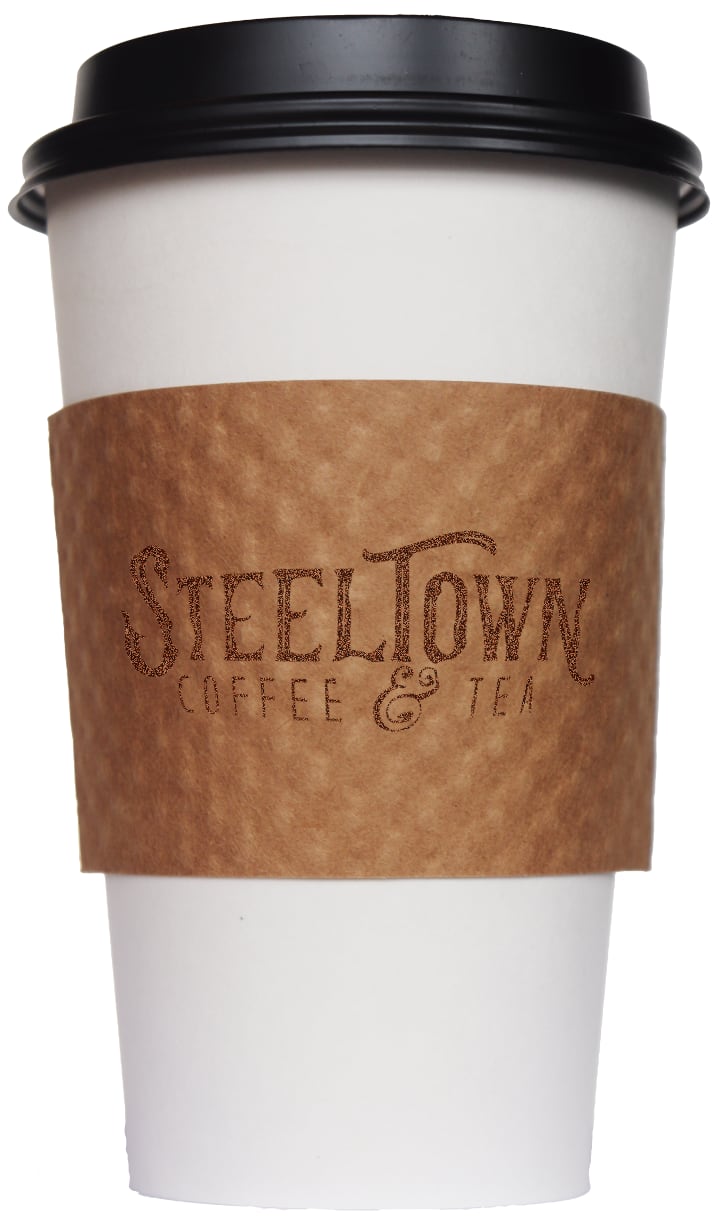 Paper coffee cup with lid and Steeltown Coffee & Tea logo.